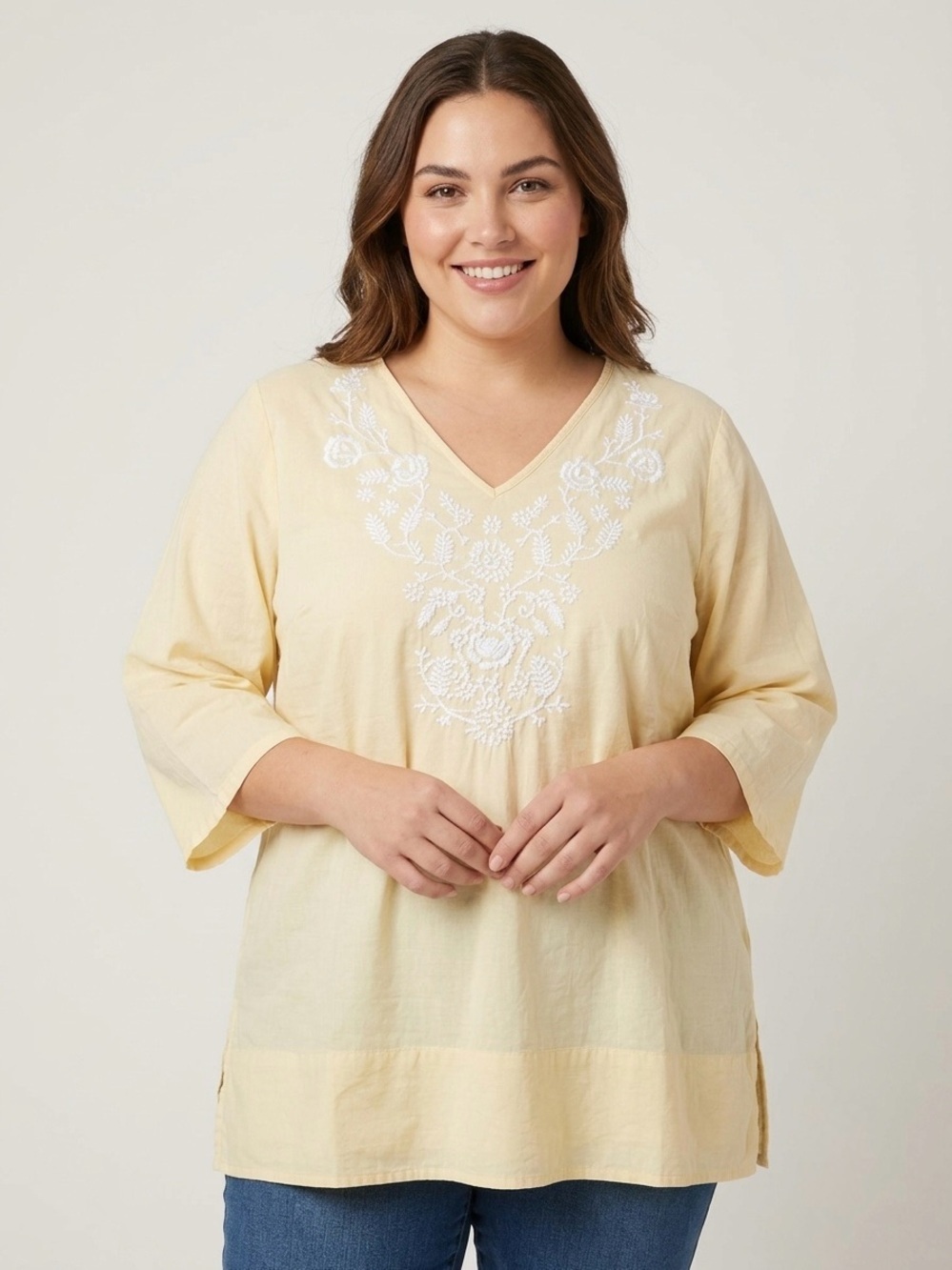 April Cornell Vintage Yellow Embroidered 2X Boho Floral Blouse Slits V Tunic Top